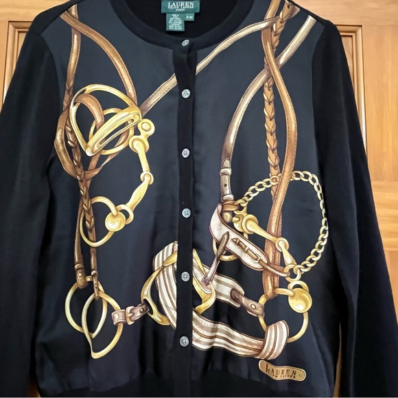 Lauren Ralph Lauren Black Silk/Cashmere Equestrian Cardigan Sweater MP - Picture 3 of 9